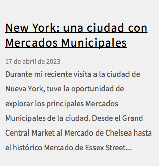  New York: una ciudad con Mercados Municipales 17 de abril de 2023 Durante mi reciente visita a la ciudad de Nueva York, tuve la oportunidad de explorar los principales Mercados Municipales de la ciudad. Desde el Grand Central Market al Mercado de Chelsea hasta el histórico Mercado de Essex Street...