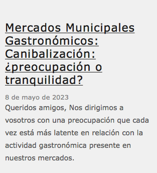  Mercados Municipales Gastronómicos: Canibalización: ¿preocupación o tranquilidad? 8 de mayo de 2023 Queridos amigos, Nos dirigimos a vosotros con una preocupación que cada vez está más latente en relación con la actividad gastronómica presente en nuestros mercados. 