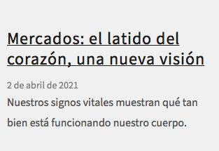  Mercados: el latido del corazón, una nueva visión 2 de abril de 2021 Nuestros signos vitales muestran qué tan bien está funcionando nuestro cuerpo.